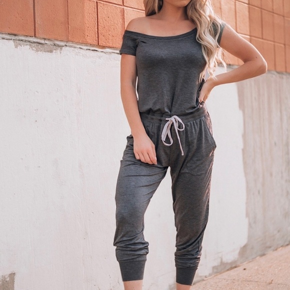 Dark Grey Off Shoulder Jumpsuit Ankle Length - Picture 2 of 4